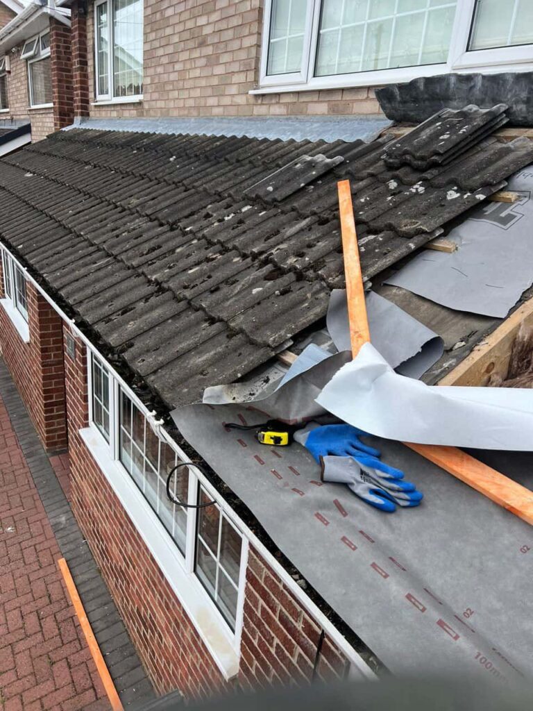 This is a photo of a pitched roof which is being repaired. The existing roof was leaking badly. Works carried out by Littleport Roofing Repairs